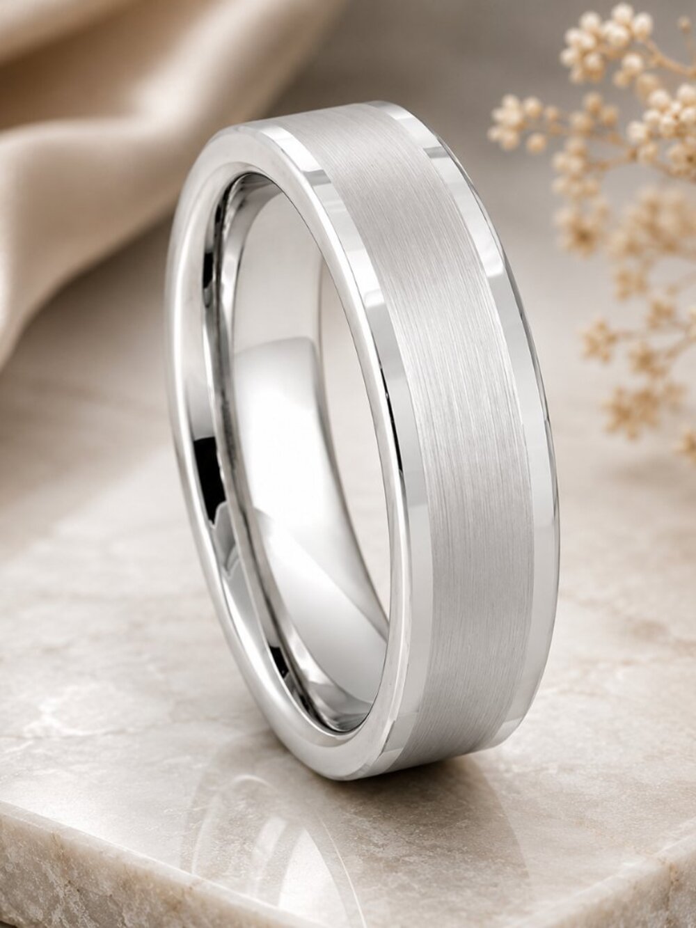 Silver Brushed Tungsten Ring with Beveled Polished Edges - GALTUN1177-11
